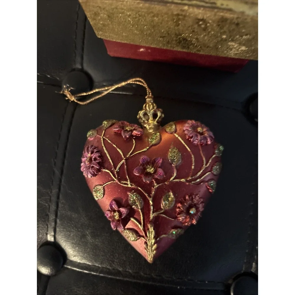 Vintage Cloisonne Enamel Heart Floral Ornament Gold-Tone Metal & Box